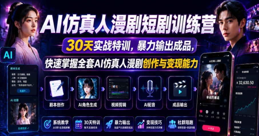 AI仿真人漫剧短剧训练营,30天实战特训,暴力输出成品,快速掌握全套AI仿真人漫剧创作与变现能力-星空网创资源