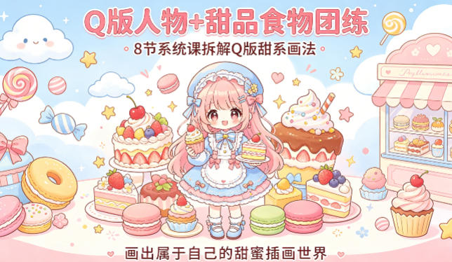 Q版人物+甜品食物团练，8节系统课拆解Q版甜系画法，画出属于自己的甜蜜插画世界-星空网创资源