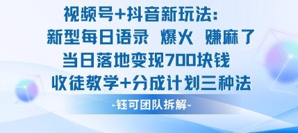 视频号加抖音新玩法：爆火新型每日语录，收徒教学加分成计划，三种变现玩法，当日变现7张-星空网创资源