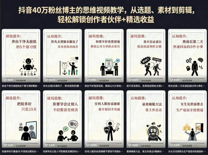 抖音40W粉丝博主的思维视频教学，从选题、素材到剪辑，轻松解锁创作者伙伴+精选收益-星空网创资源