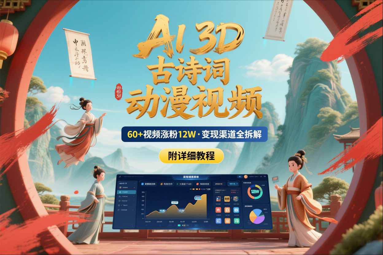AI制作3D古诗词动漫视频，60多个视频涨粉12W，多个变现渠道拆解【附详细教程】-星空网创资源