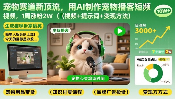 宠物赛道新顶流,用AI制作宠物播客短视频,1周涨粉2W(视频+提示词+变现方法)-星空网创资源