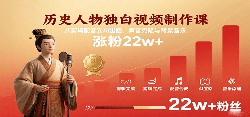 历史人物独白视频制作课,从剪辑配音到AI出图,声音克隆与背景音乐,涨粉22w+-星空网创资源