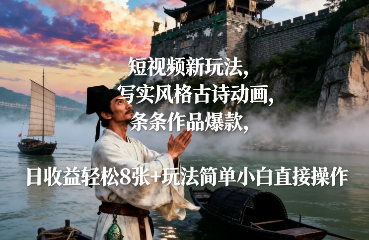 短视频新玩法,写实风格古诗动画,条条作品爆款,日收益轻松8张+玩法简单小白直接操作-星空网创资源