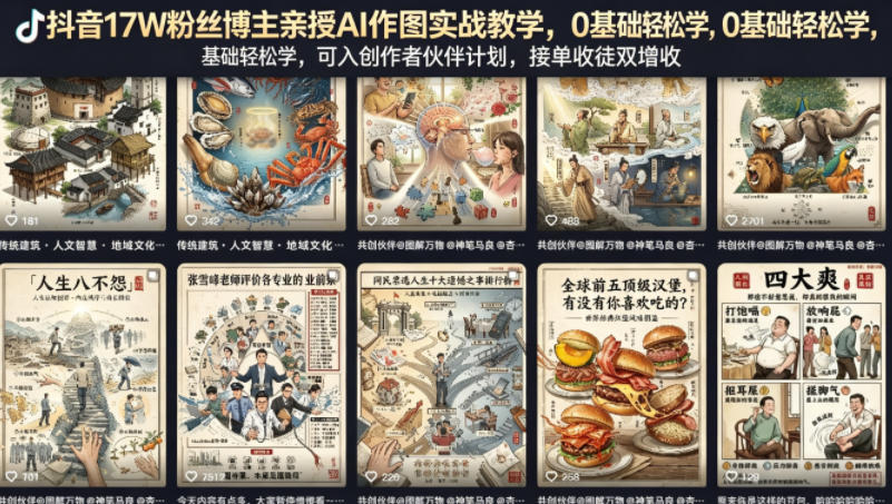 抖音17W粉丝博主亲授AI作图实战教学,0基础轻松学,可入创作者伙伴计划,接单收徒双增收-星空网创资源