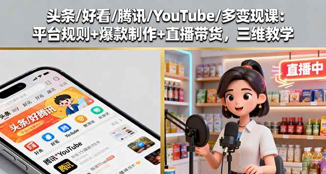 (16147期)头条/好看/腾讯/YouTube/多变现课:平台规则+爆款制作+直播带货,三维教学-星空网创资源