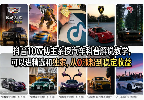 抖音10w博主亲授汽车科普解说教学,可以进精选和独家,从0涨粉到稳定收益(详细视频课程+1T素材)-星空网创资源