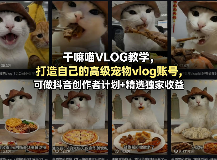 干嘛喵VLOG教学,打造自己的高级宠物vlog账号,可做抖音创作者计划+精选独家收益-星空网创资源