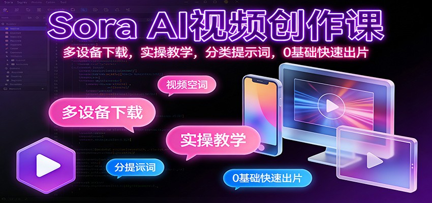 Sora AI视频创作课：多设备下载，实操教学，分类提示词，0基础快速出片-星空网创资源