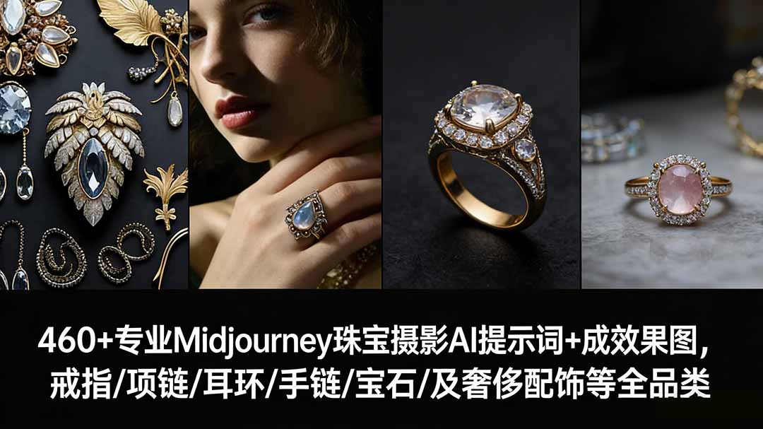 460+专业Midjourney珠宝摄影AI提示词+成效果图,戒指/项链/耳环/手链/宝石/及奢侈配饰等全品类-星空网创资源