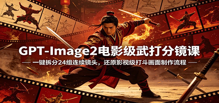 GPT-Image2电影级武打分镜课:一键拆分24组连续镜头,还原影视级打斗画面制作流程-星空网创资源