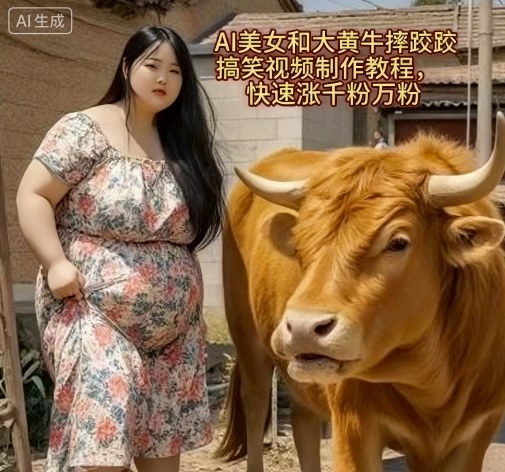AI美女和大黄牛摔跤搞笑荒诞视频制作教程，快速涨千粉万粉-星空网创资源