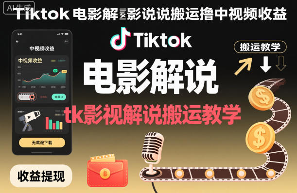 Tiktok电影解说搬运撸中视频收益,tk影视解说搬运教学-星空网创资源